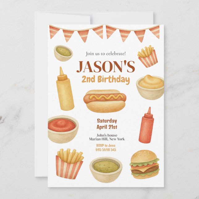 Watercolor Food Hot Dog Burger Kids Birthday Invitation (Front)