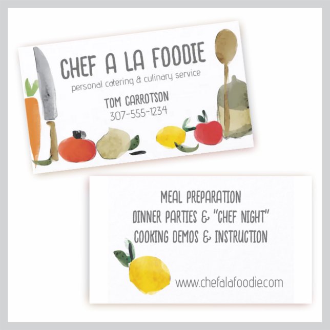 Watercolor food utensils cooking chef catering business card