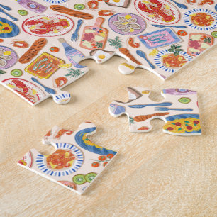 Watercolor Foodie Pattern Lobster Shrimp Oyster Jigsaw Puzzle