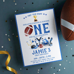 Watercolor Football All Star Blue 1st Birthday Invitation