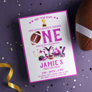 Watercolor Football All Star Pink 1st Birthday Invitation