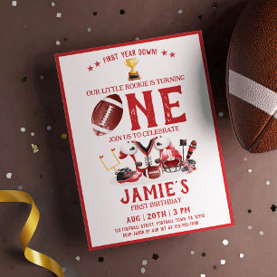 Watercolor Football All Star Red 1st Birthday Invitation