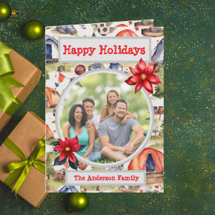 Watercolor Football Camping Family Photo Holiday Card