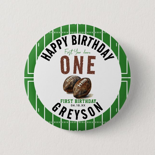 Watercolor Football First Year Down | 1st Birthday Button (Front)