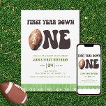 Watercolor Football First Year Down 1st Birthday  Invitation<br><div class="desc">This fun first birthday party invitation features a football first year down theme. The title text is a groovy retro 70s font with a watercolor football. The bottom border is a watercolor football yard line.</div>