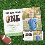 Watercolor Football First Year Down 1st Birthday  Invitation<br><div class="desc">This fun first birthday party invitation features a football first year down theme. The title text is a groovy retro 70s font with a watercolor football. The bottom border is a watercolor football yard line.</div>