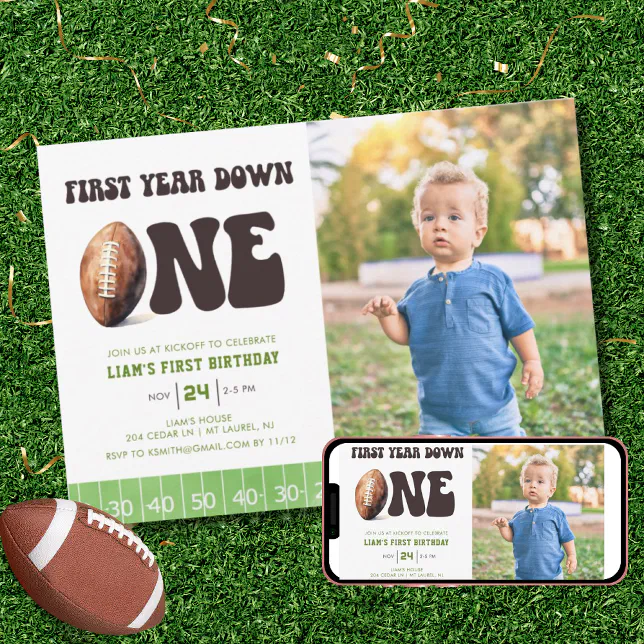 Watercolor Football First Year Down 1st Birthday Invitation | Zazzle