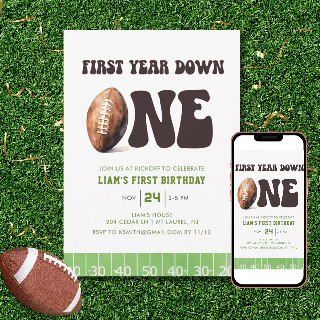 Watercolor Football First Year Down 1st Birthday Invitation | Zazzle