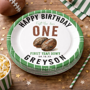 Watercolor Football First Year Down   1st Birthday Paper Plates