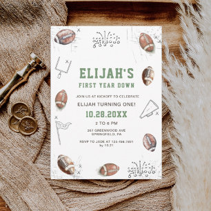 Watercolor Football First Year Down Birthday  Invitation