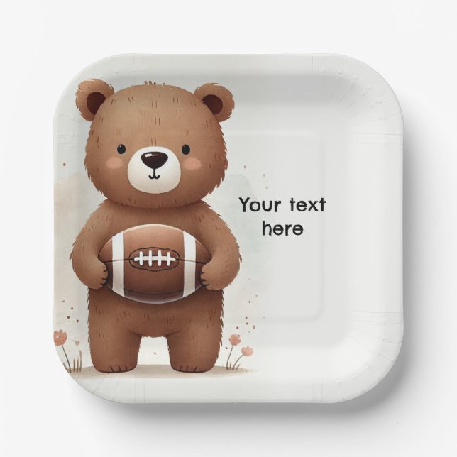 Watercolor Football Teddy Bear 1st Birthday Party Paper Plates (Front)