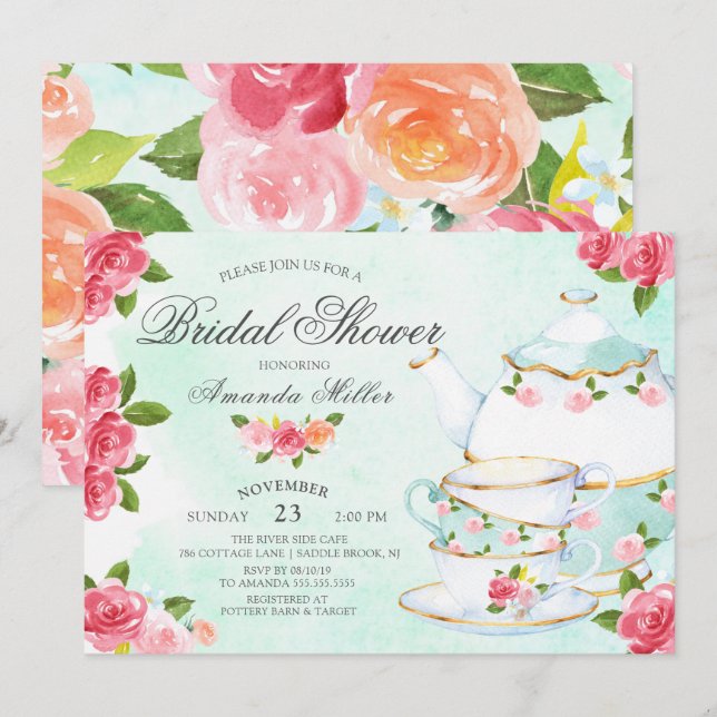 Watercolor Foral Tea Bridal Shower Invitation (Front/Back)