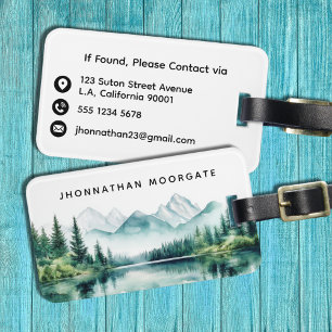 Watercolor Forest and Mountains Black Typography Luggage Tag