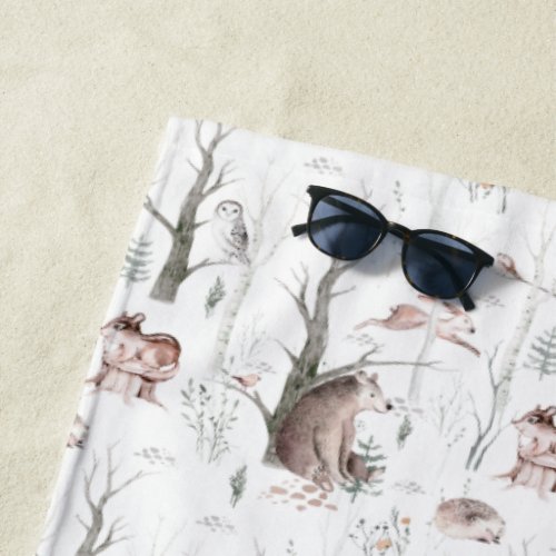 Watercolor Forest Animals Beach Towel