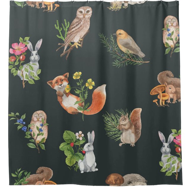 Watercolor Forest Animals: Cute Seamless Shower Curtain (Front)
