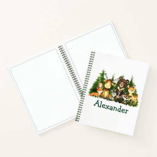 Watercolor Forest Animals Green Pines Drawing Notebook