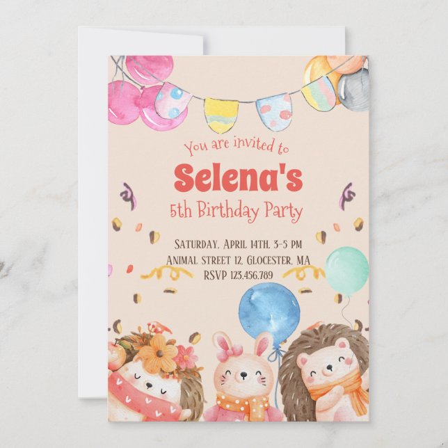 Watercolor forest animals kids Birthday Party Invitation (Front)