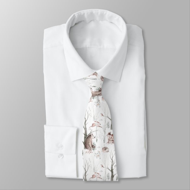 Watercolor Forest Animals Neck Tie (Tied)