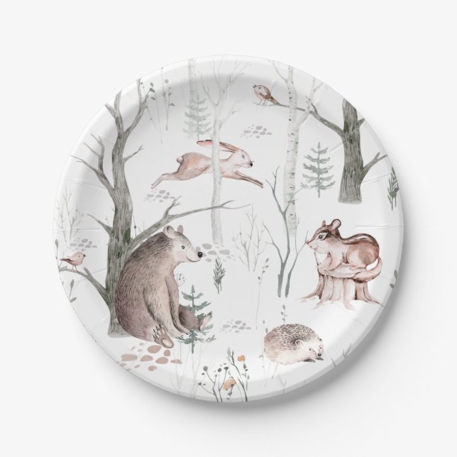 Watercolor Forest Animals Paper Plates (Front)