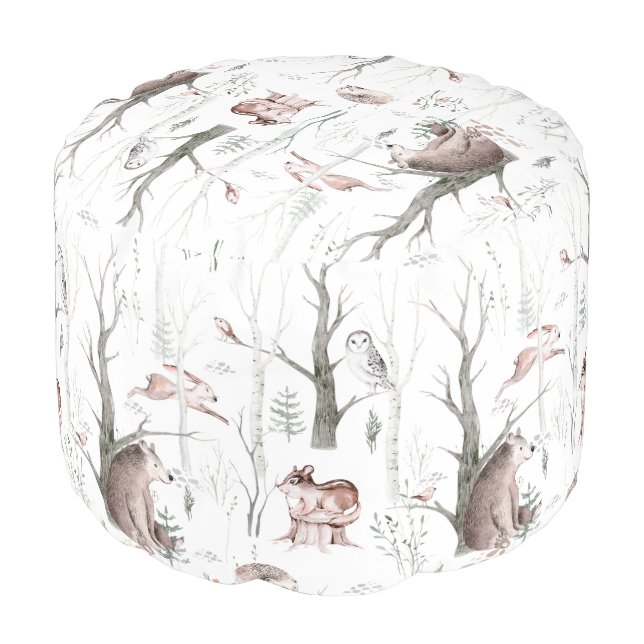Watercolor Forest Animals Pouf (Angled Front)