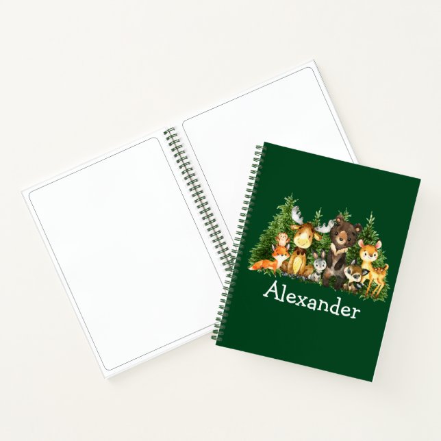 Watercolor Forest Animals Trees Green Drawing Notebook (Inside)