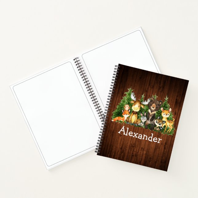 Watercolor Forest Animals Trees Wood Print Drawing Notebook (Inside)