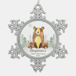 Watercolor Forest Bear Baby's First Christmas Snowflake Pewter Christmas Ornament