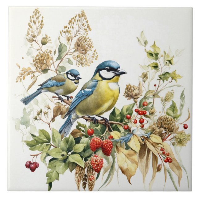Watercolor Forest Birds and Wild Berries  Ceramic Tile (Front)