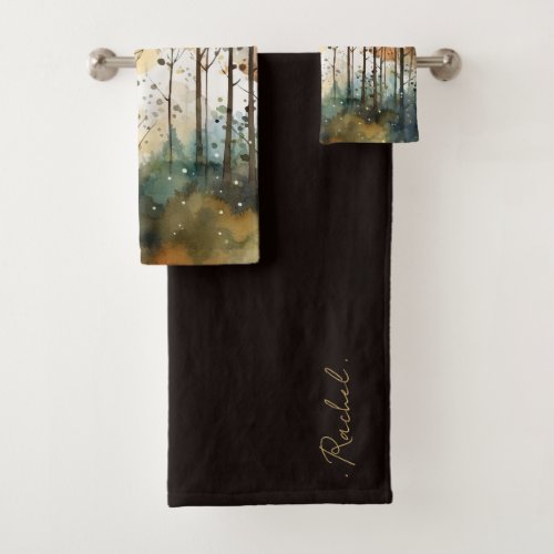 Watercolor Forest Boho Monogram Bath Towel Set