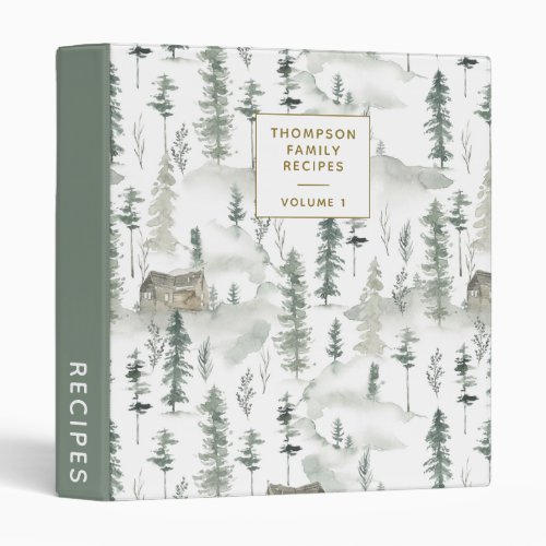 Watercolor Forest Cabin Green Personalized Recipe 3 Ring Binder