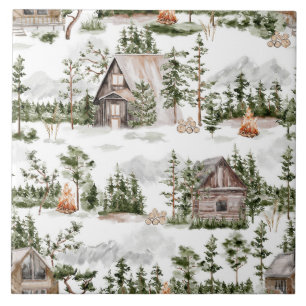 Watercolor Forest Cabin Pattern Ceramic Tile