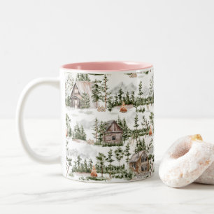 Watercolor Forest Cabin Pattern Two-Tone Coffee Mug