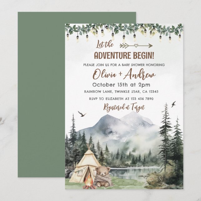 Watercolor Forest Camping Adventure Baby Shower Invitation (Front/Back)