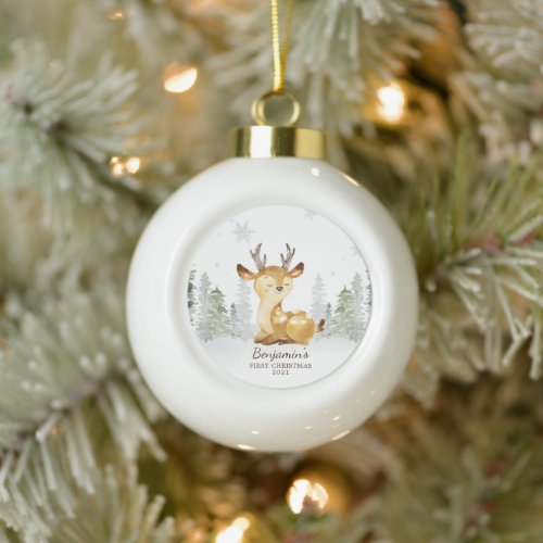Watercolor Forest Deer Babys First Christmas Ceramic Ball Christmas Ornament