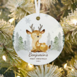 Watercolor Forest Deer Baby's First Christmas Metal Ornament<br><div class="desc">This cute baby's first Christmas glass ornament features a cute watercolor deer illustration,  sitting in a winter snow forest. Use the online template tools to personalize with a name and year.</div>