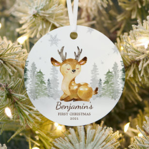 Watercolor Forest Deer Baby's First Christmas Metal Ornament