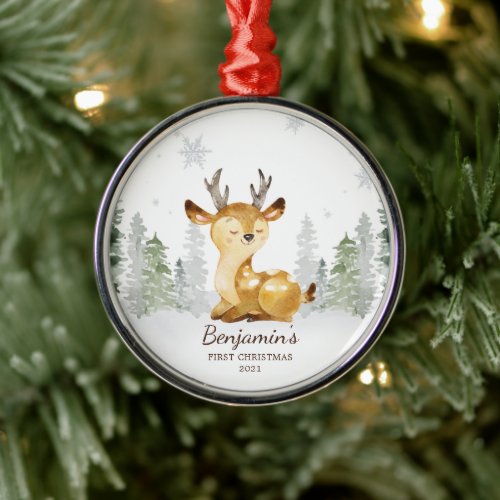 Watercolor Forest Deer Babys First Christmas Metal Ornament