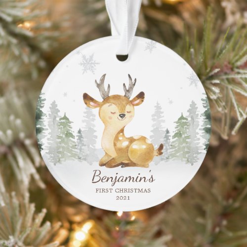 Watercolor Forest Deer Baby's First Christmas Ornament