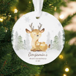 Watercolor Forest Deer Baby&#39;s First Christmas Ornament