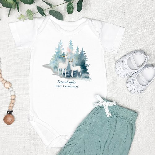 Watercolor Forest Deer First Christmas Baby Bodysuit