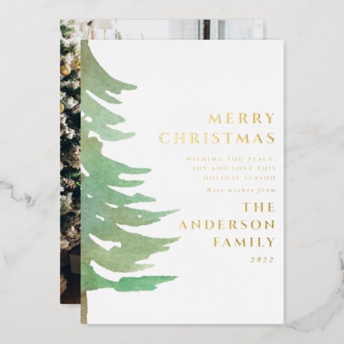 Watercolor forest elegant modern rustic photo foil holiday card