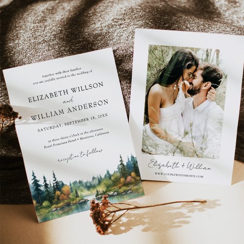 Watercolor Forest Evergreen Tree Wedding Photo Invitation