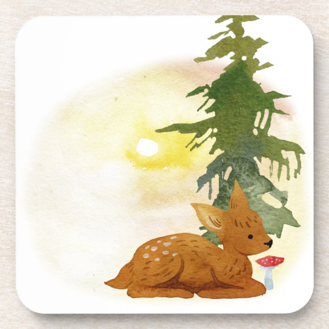 Watercolor Forest Fawn Drink Coaster (Front)