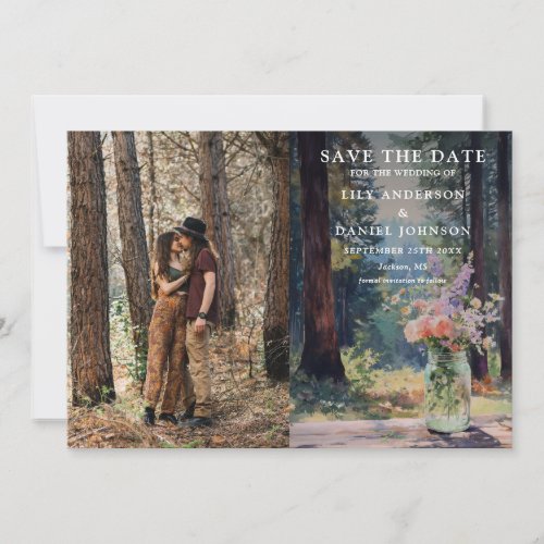 Watercolor Forest Floral Mason Jar Wedding Photo Save The Date
