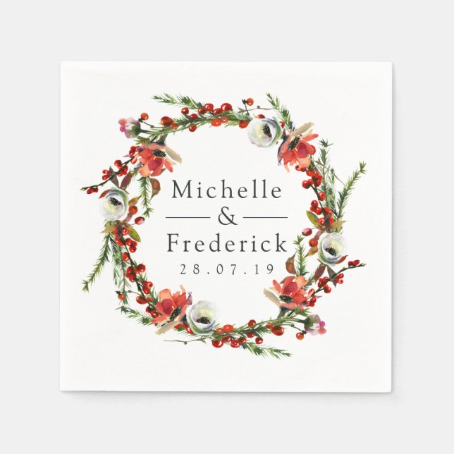 Watercolor Forest Floral Winter Wedding Napkins (Front)