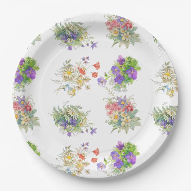 Watercolor forest flowers pattern paper plates (Front)