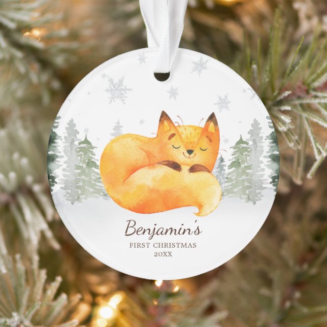 Watercolor Forest Fox Baby's First Christmas Ornament (Tree)