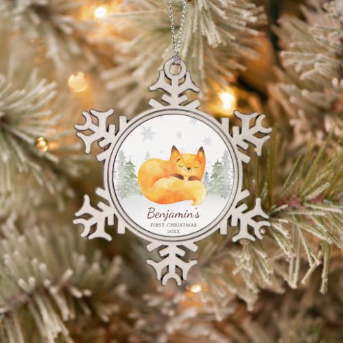 Watercolor Forest Fox Babys First Christmas Snowflake Pewter Christmas Ornament