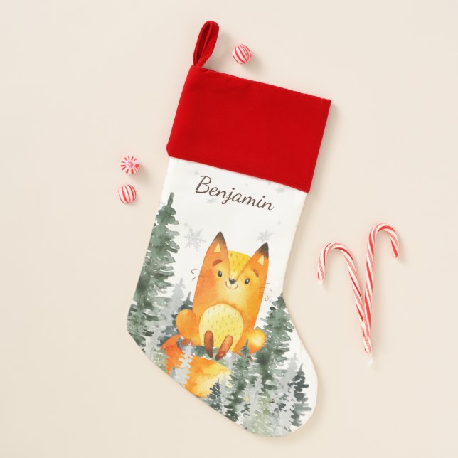 Watercolor Forest Fox Personalized Kids Christmas Stocking (Front)
