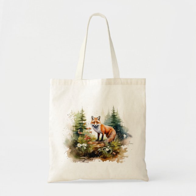 Watercolor Forest Fox Tote Bag (Front)
